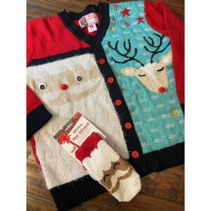 Merry Christmas Faux‎ Cardigan Sweater Womens L Santa Reindeer Ugly Holiday